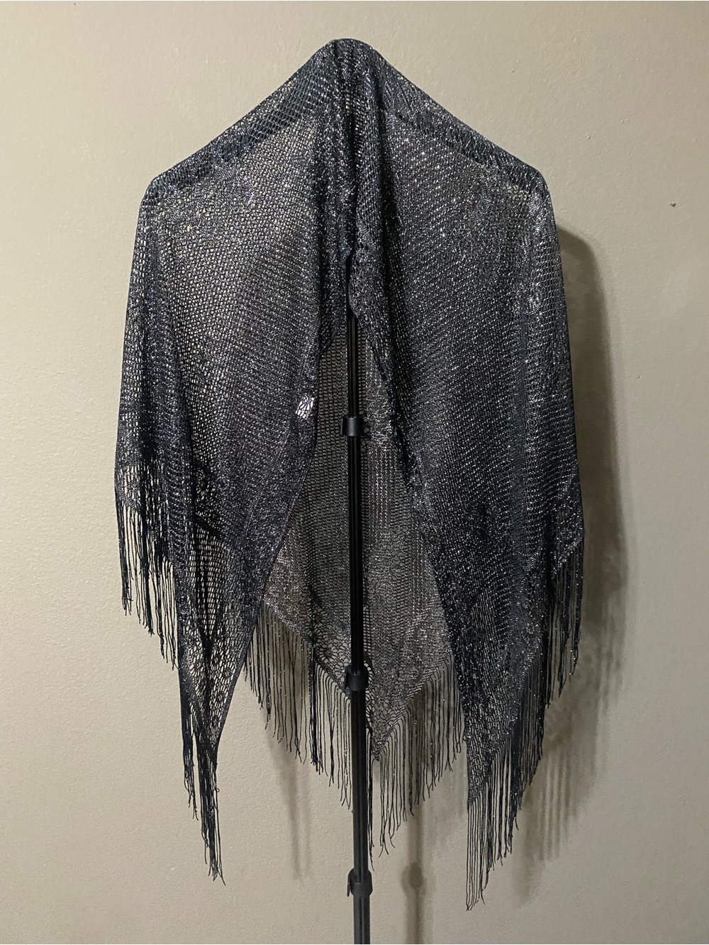 Black Silver Metallic Mesh Triangle Shawl Fringe Evening Wrap Y2K Inspired